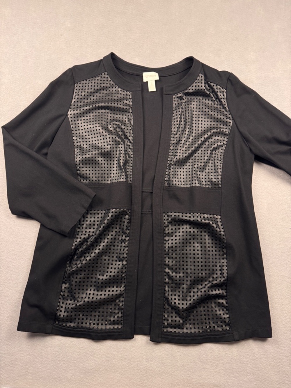 Chico’s Perforated Vegan Faux Leather Open Front Cardigan Black Size 3 XLARGE